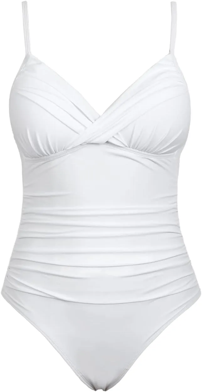 Hilor Women's One Piece Swimsuits Front Twist Swimwear V Neck Shirred Bathing Suit Monokini Tummy Control