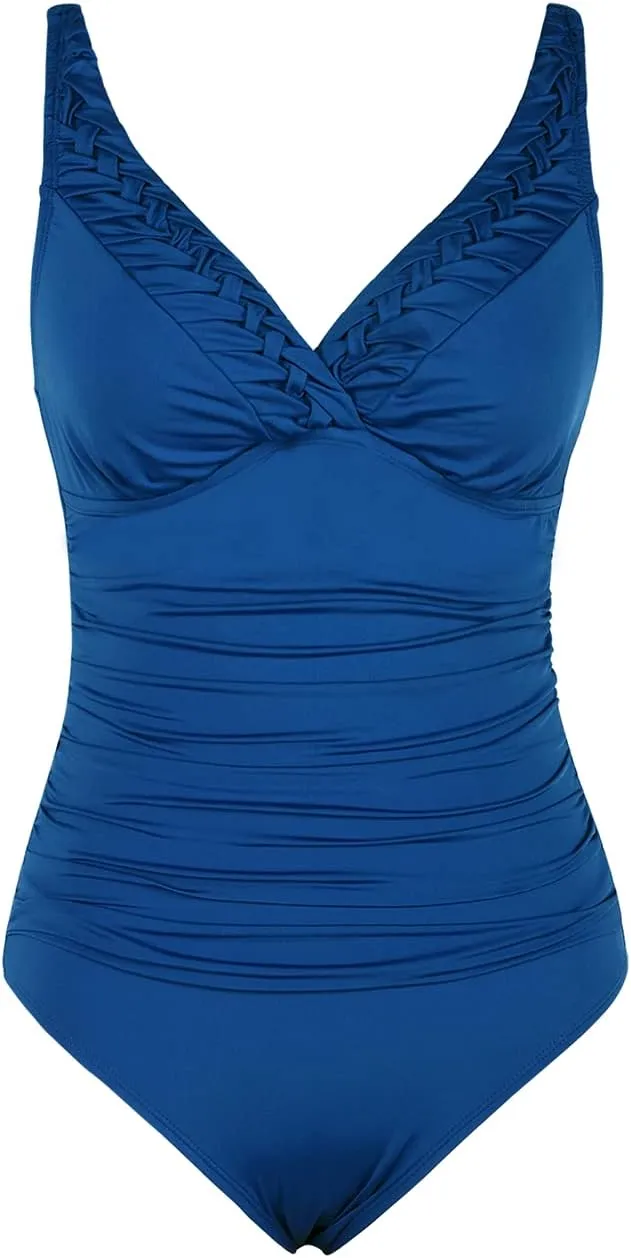 Hilor Women's Tummy Control Swimsuits Slimming One Piece Bathing Suits Pin Tucked Surplice Swimwear