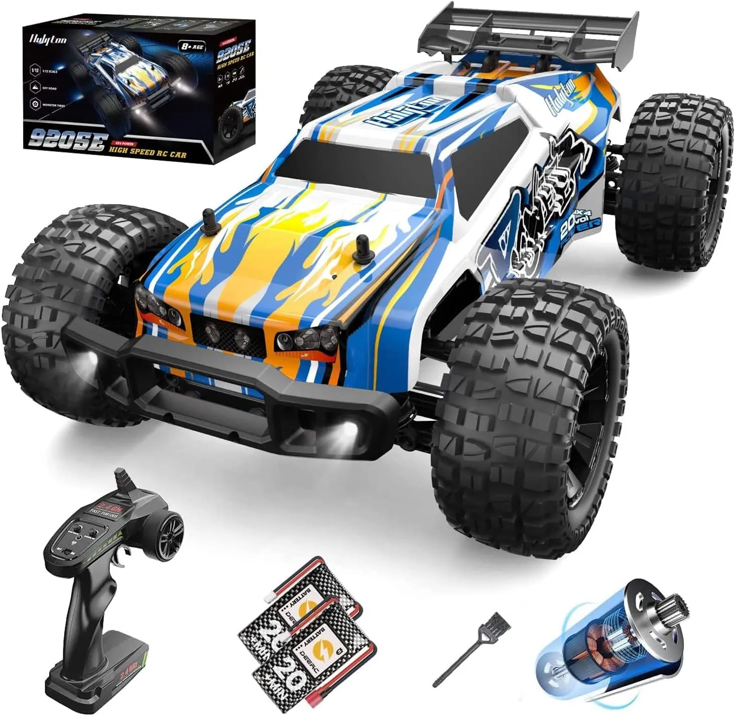 Holyton 1:10 Large High Speed Remote Control Car with LED Shell Lights, 48  KM/H, 4WD Offroad Monster Truck for Adults & Kids, Hobby RC Truck Vehicle, 2 Battery Crawler Toy Gift for Boy