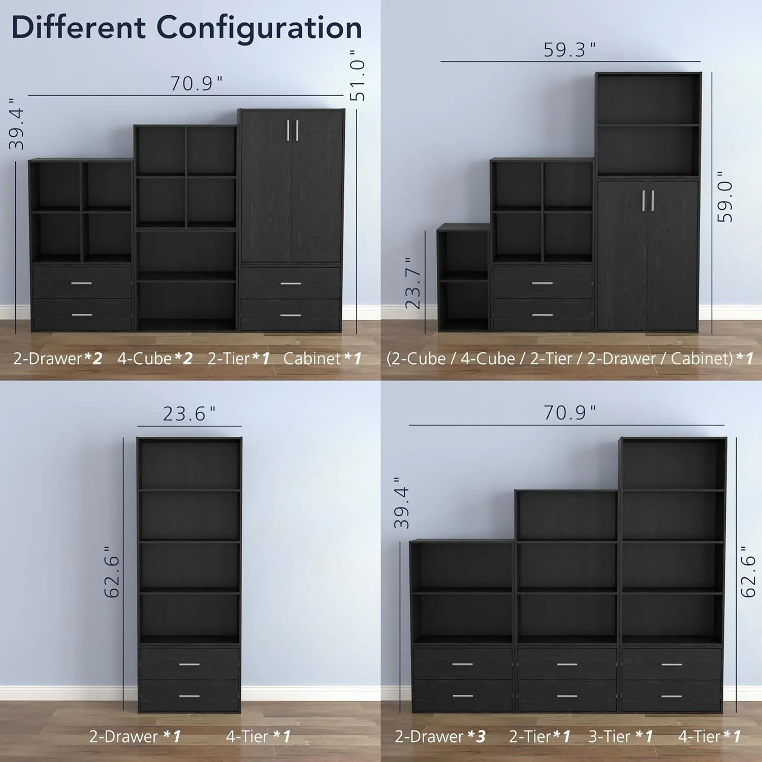 HOMES: INSIDE   OUT Apexa 4 Cube Storage Organizer Shelves, Stackable Wood Bookcase Fits Cubby Bins for Organization, Dorm Teen Room Decor & Home Office, Black
