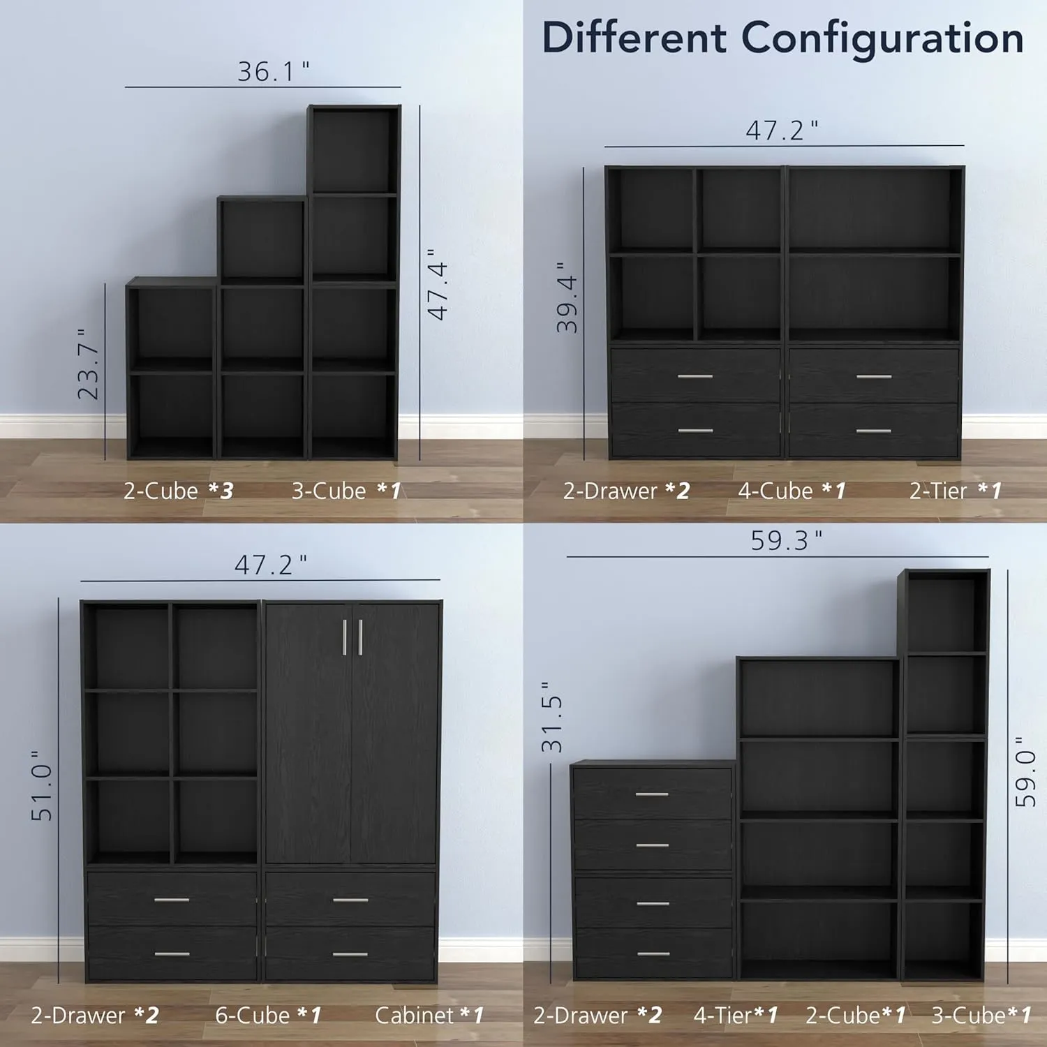 HOMES: INSIDE   OUT Apexa 4 Cube Storage Organizer Shelves, Stackable Wood Bookcase Fits Cubby Bins for Organization, Dorm Teen Room Decor & Home Office, Black