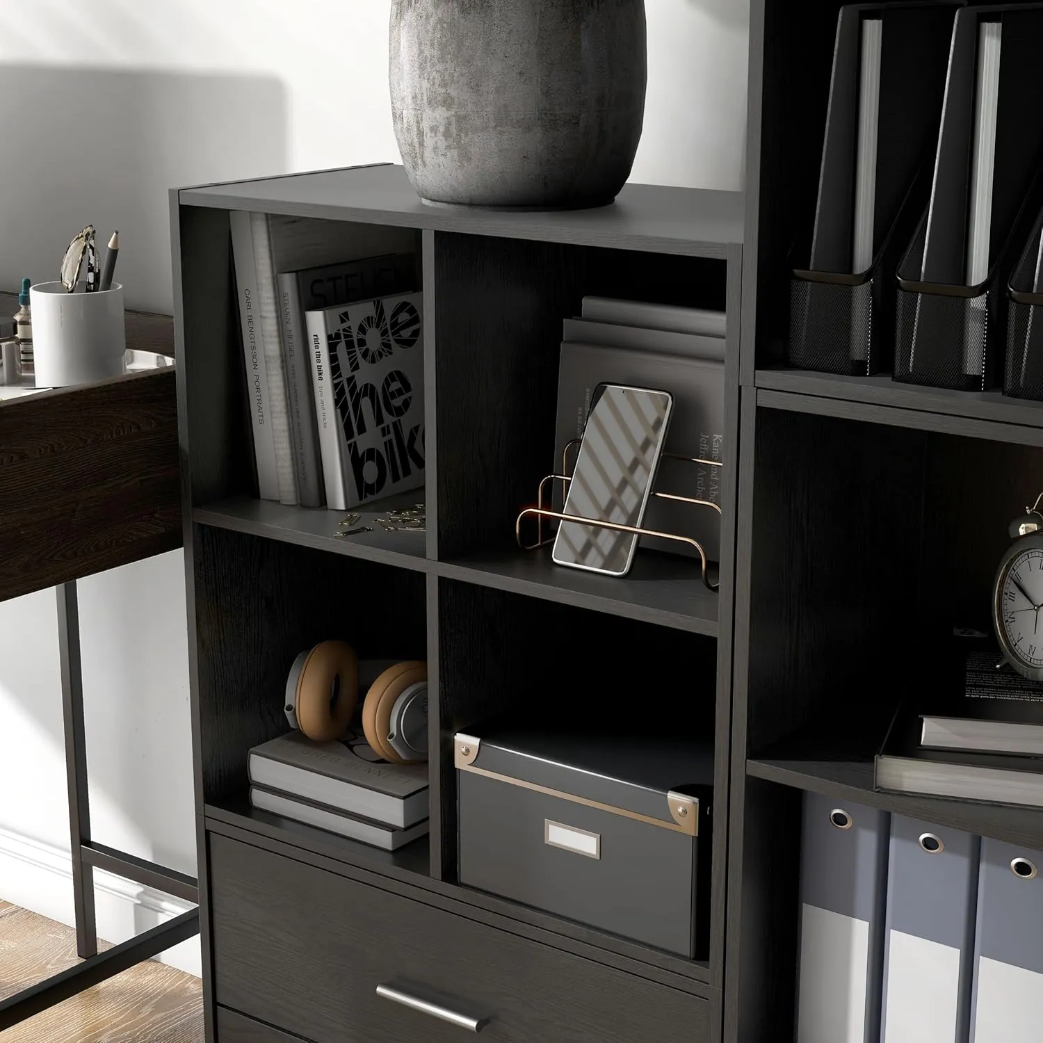 HOMES: INSIDE   OUT Apexa 4 Cube Storage Organizer Shelves, Stackable Wood Bookcase Fits Cubby Bins for Organization, Dorm Teen Room Decor & Home Office, Black