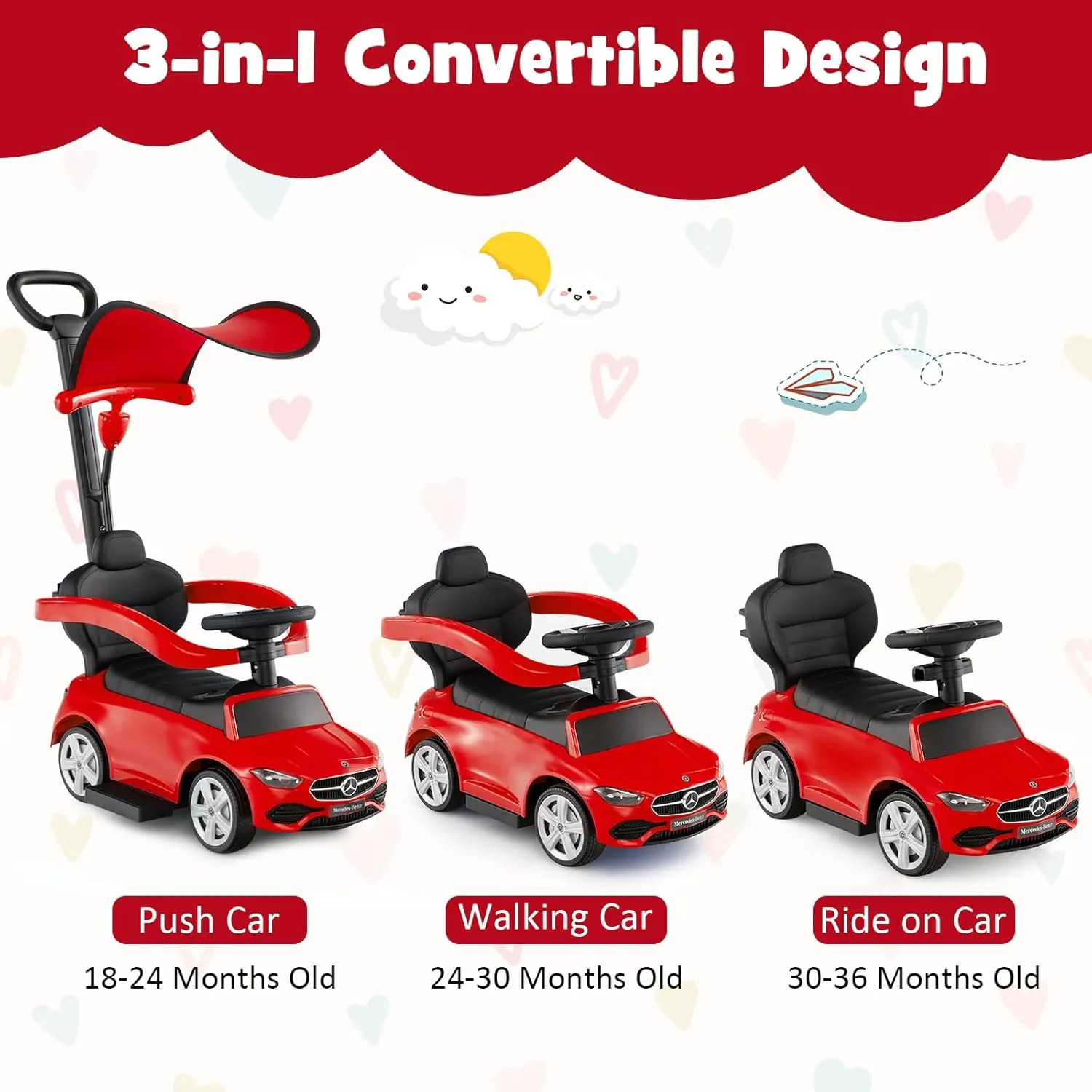 HONEY JOY Ride On Push Car, Licensed Mercedes-Benz Push Cars for Toddlers, Adjustable Canopy & Seat Storage, Horn, Toddler Push Car with Handle, Ride On Toy for Boys Girls(Red)
