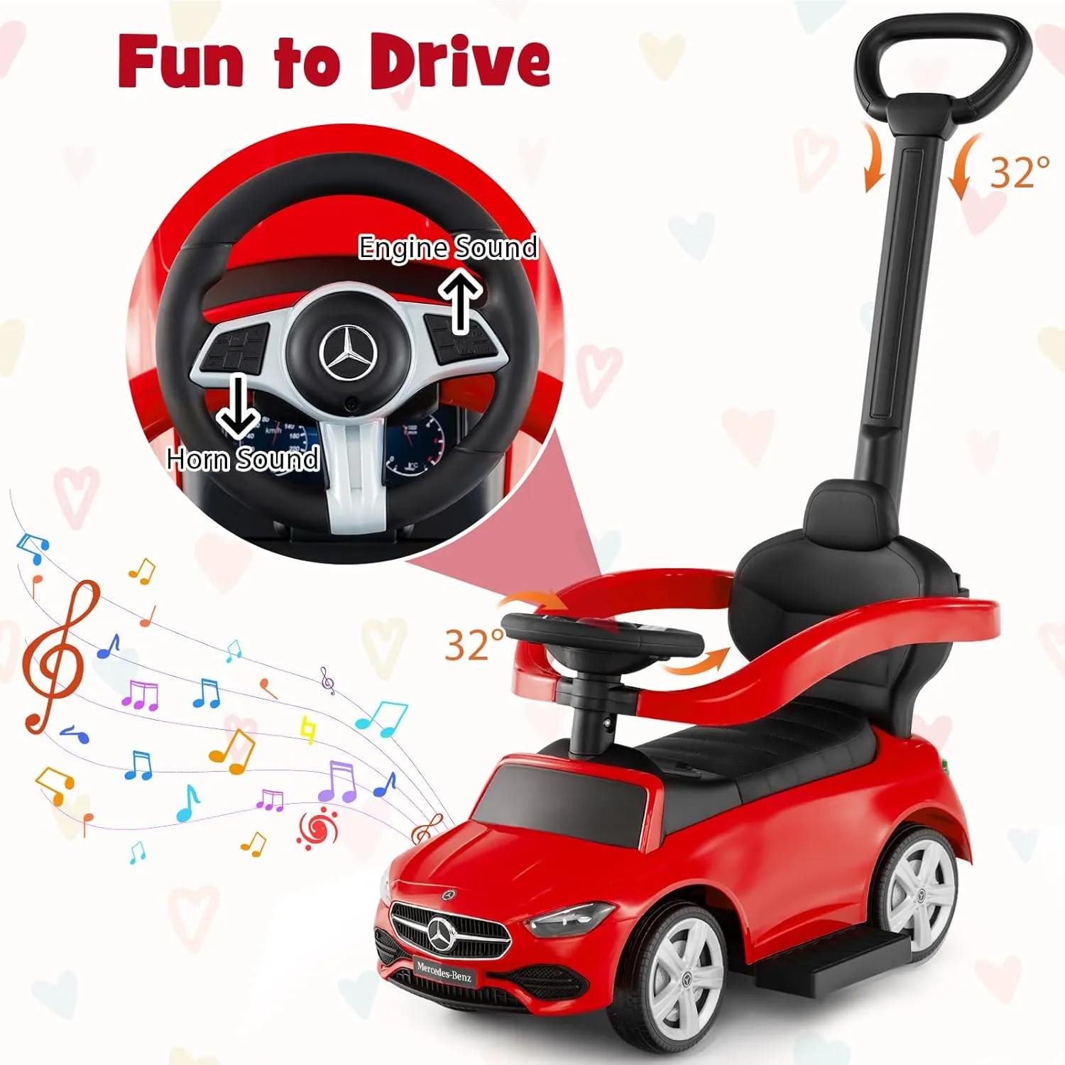 HONEY JOY Ride On Push Car, Licensed Mercedes-Benz Push Cars for Toddlers, Adjustable Canopy & Seat Storage, Horn, Toddler Push Car with Handle, Ride On Toy for Boys Girls(Red)