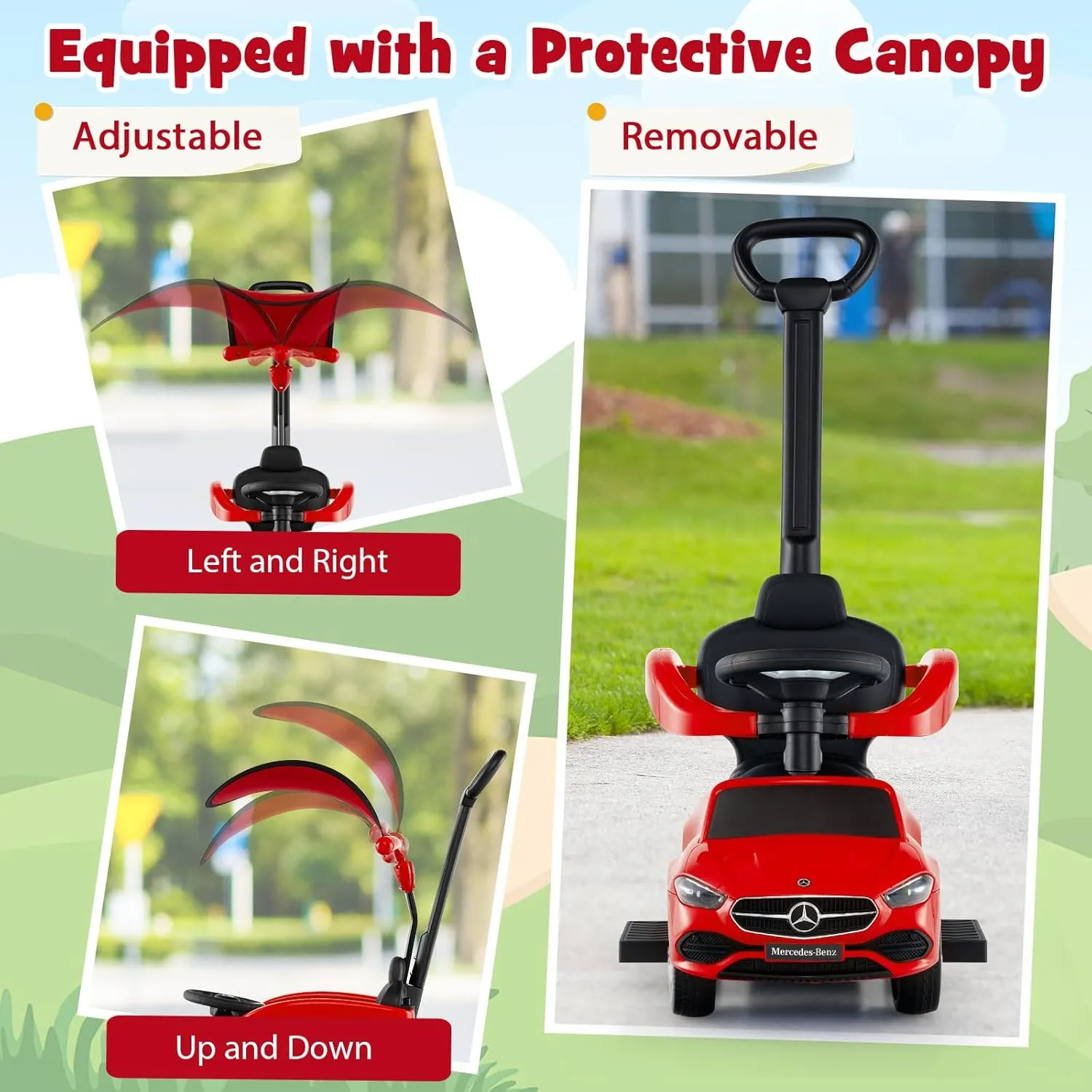HONEY JOY Ride On Push Car, Licensed Mercedes-Benz Push Cars for Toddlers, Adjustable Canopy & Seat Storage, Horn, Toddler Push Car with Handle, Ride On Toy for Boys Girls(Red)