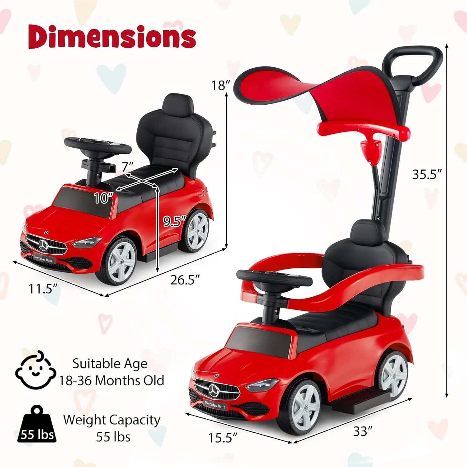 HONEY JOY Ride On Push Car, Licensed Mercedes-Benz Push Cars for Toddlers, Adjustable Canopy & Seat Storage, Horn, Toddler Push Car with Handle, Ride On Toy for Boys Girls(Red)