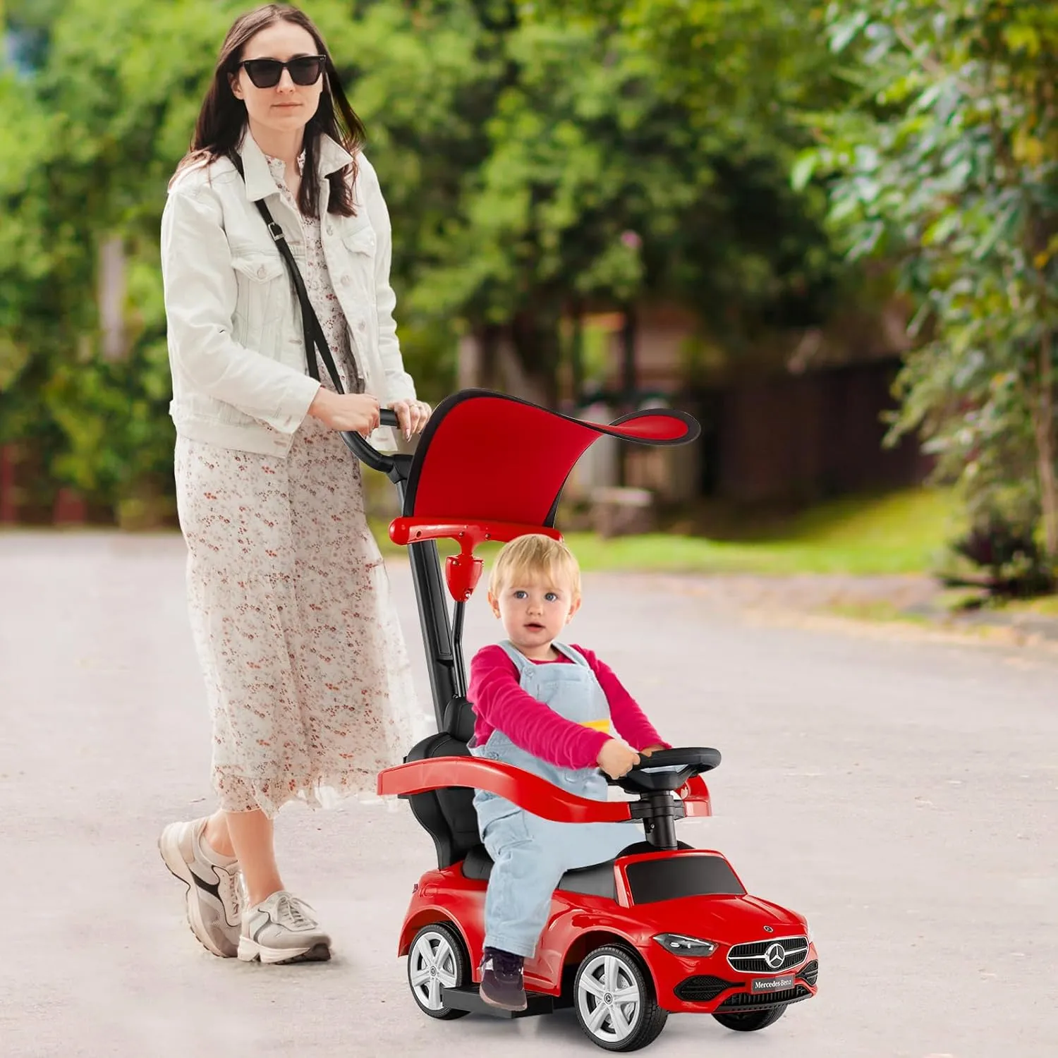 HONEY JOY Ride On Push Car, Licensed Mercedes-Benz Push Cars for Toddlers, Adjustable Canopy & Seat Storage, Horn, Toddler Push Car with Handle, Ride On Toy for Boys Girls(Red)