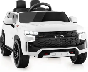 HONEY JOY Ride On Truck, 12V Licensed Chevrolet Tahoe, Chevy Electric Vehicle for Kids, Soft Start, Music, Lights, Battery Powered Ride On Car Toy with Remote Control, Gift for Boys Girls (White)