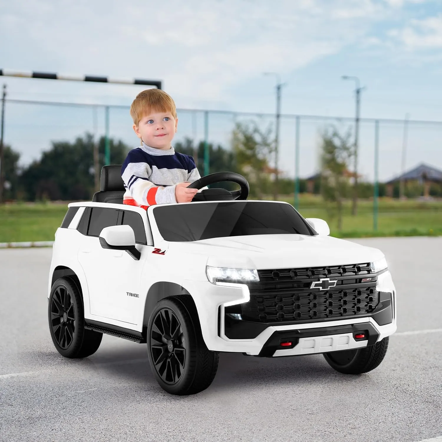 HONEY JOY Ride On Truck, 12V Licensed Chevrolet Tahoe, Chevy Electric Vehicle for Kids, Soft Start, Music, Lights, Battery Powered Ride On Car Toy with Remote Control, Gift for Boys Girls (White)
