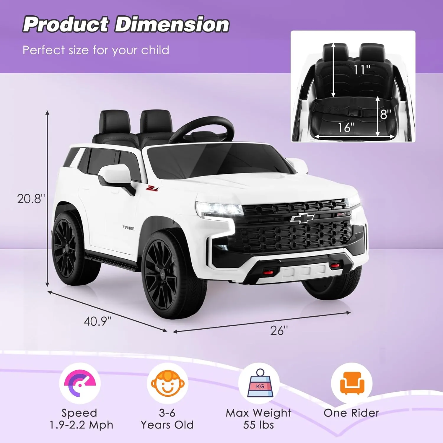 HONEY JOY Ride On Truck, 12V Licensed Chevrolet Tahoe, Chevy Electric Vehicle for Kids, Soft Start, Music, Lights, Battery Powered Ride On Car Toy with Remote Control, Gift for Boys Girls (White)