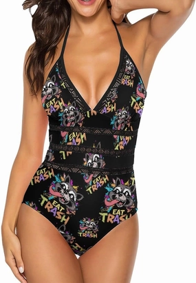 Hooligan Raccoon Eat Garbage One Piece Swimsuit Women Backless Hollow Adjustable Strap Bathing Suit V Neck Swimwear