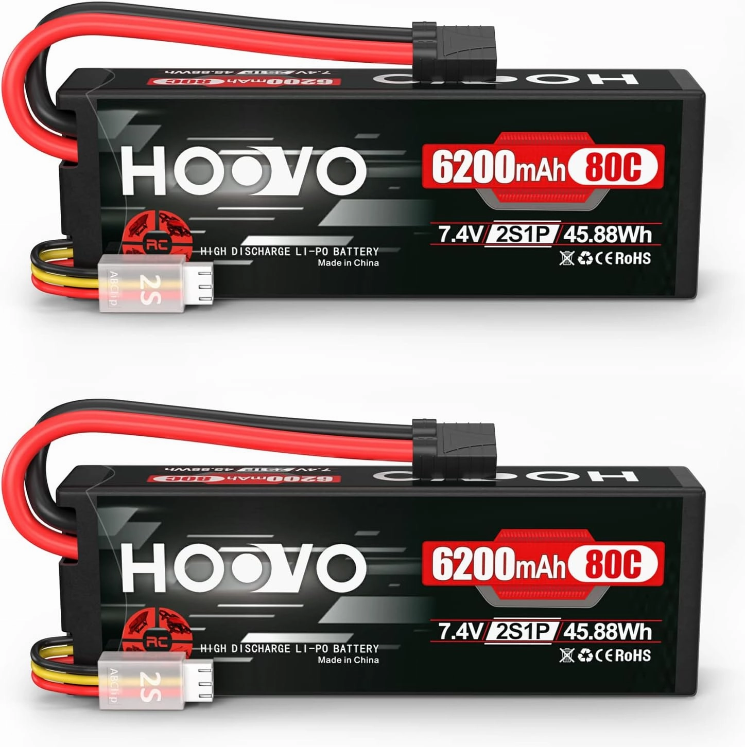 HOOVO 7.4V 80C 6200mAh 2S Lipo Battery Hard Case with Tracxas Plug for RC Car Truck Truggy Buggy Tank RC Airplane Helicopter Boat Car Racing (2 Pack)