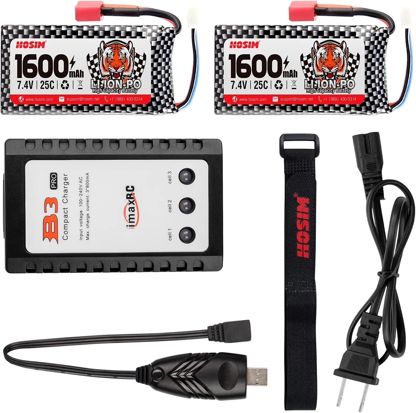 Hosim 2pcs 7.4V 1600mAh 25C T Connector Li-Po 1:10 Scale RC Cars,1 Balance Charger, 1 Strap for 9125 S920 9206E 9200E RC Truck High Speed Accessory Supplies