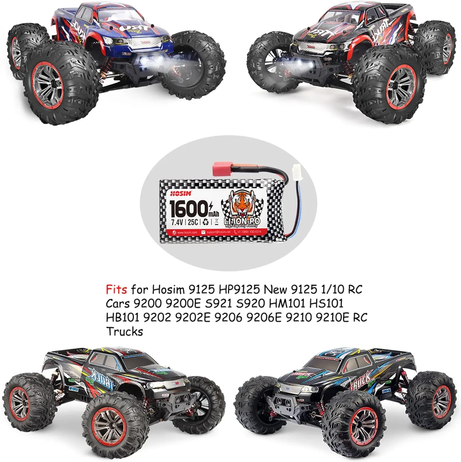 Hosim 2pcs 7.4V 1600mAh 25C T Connector Li-Po 1:10 Scale RC Cars,1 Balance Charger, 1 Strap for 9125 S920 9206E 9200E RC Truck High Speed Accessory Supplies