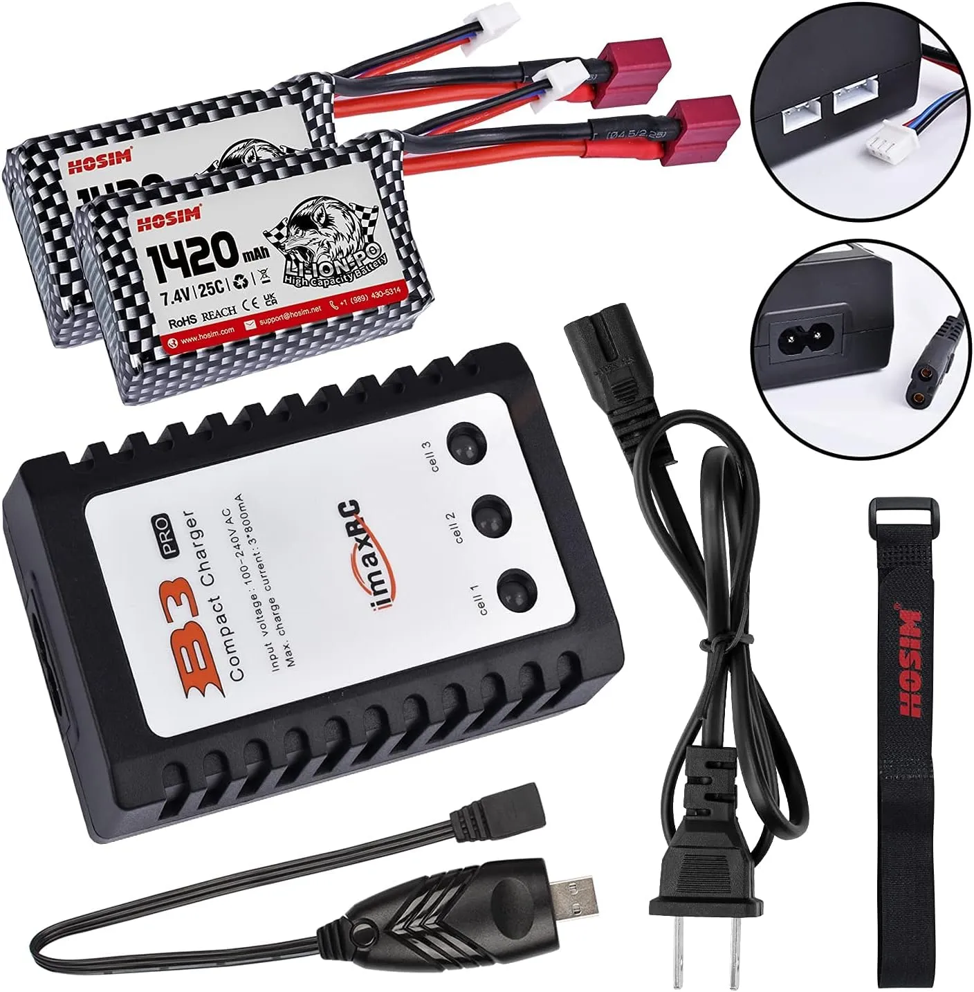 Hosim 2pcs 7.4V 1600mAh 25C T Connector Li-Po 1:10 Scale RC Cars,1 Balance Charger, 1 Strap for 9125 S920 9206E 9200E RC Truck High Speed Accessory Supplies