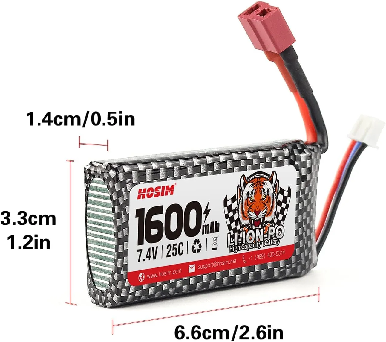 Hosim 2pcs 7.4V 1600mAh 25C T Connector Li-Po 1:10 Scale RC Cars,1 Balance Charger, 1 Strap for 9125 S920 9206E 9200E RC Truck High Speed Accessory Supplies