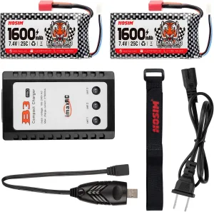 Hosim 2pcs 7.4V 1600mAh 25C T Connector Li-Po 1:10 Scale RC Cars,1 Balance Charger, 1 Strap for 9125 S920 9206E 9200E RC Truck High Speed Accessory Supplies