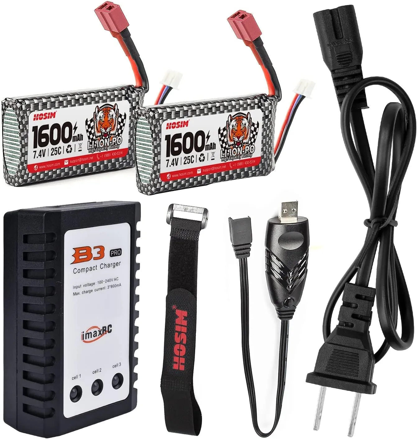 Hosim 2pcs 7.4V 1600mAh 25C T Connector Li-Po 1:10 Scale RC Cars,1 Balance Charger, 1 Strap for 9125 S920 9206E 9200E RC Truck High Speed Accessory Supplies