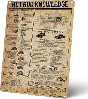 Hot Rod Knowledge Vintage Metal Tin Sign, Classic Auto History Wall Art Decor for Man Cave, Bar, Club, Retro Garage Gift for Car Enthusiasts 12x16 Inches