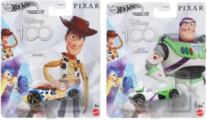 Hot Wheels Disney100 Character Cars, Pixar Toy Story Woody and Buzz Lightyear, 2-Pack Collectible Toy Cars