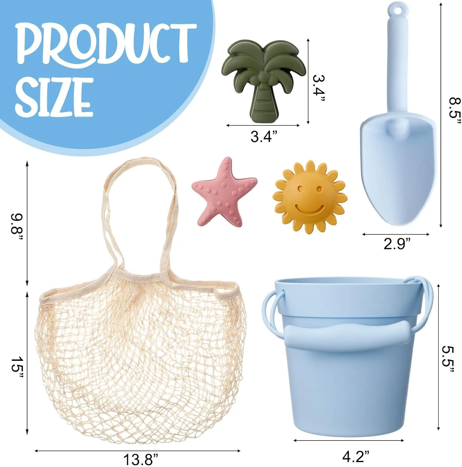 Hungdao 14 Pcs Silicone Beach Toys Travel Beach Set Sand Toys Include 2 Silicone Bucket Pail, 2 Shovel, 9 Sand Molds, 1 Beach Bag for Boys Girls Summer Pool Outdoor Bath Toys (Blue, Green)