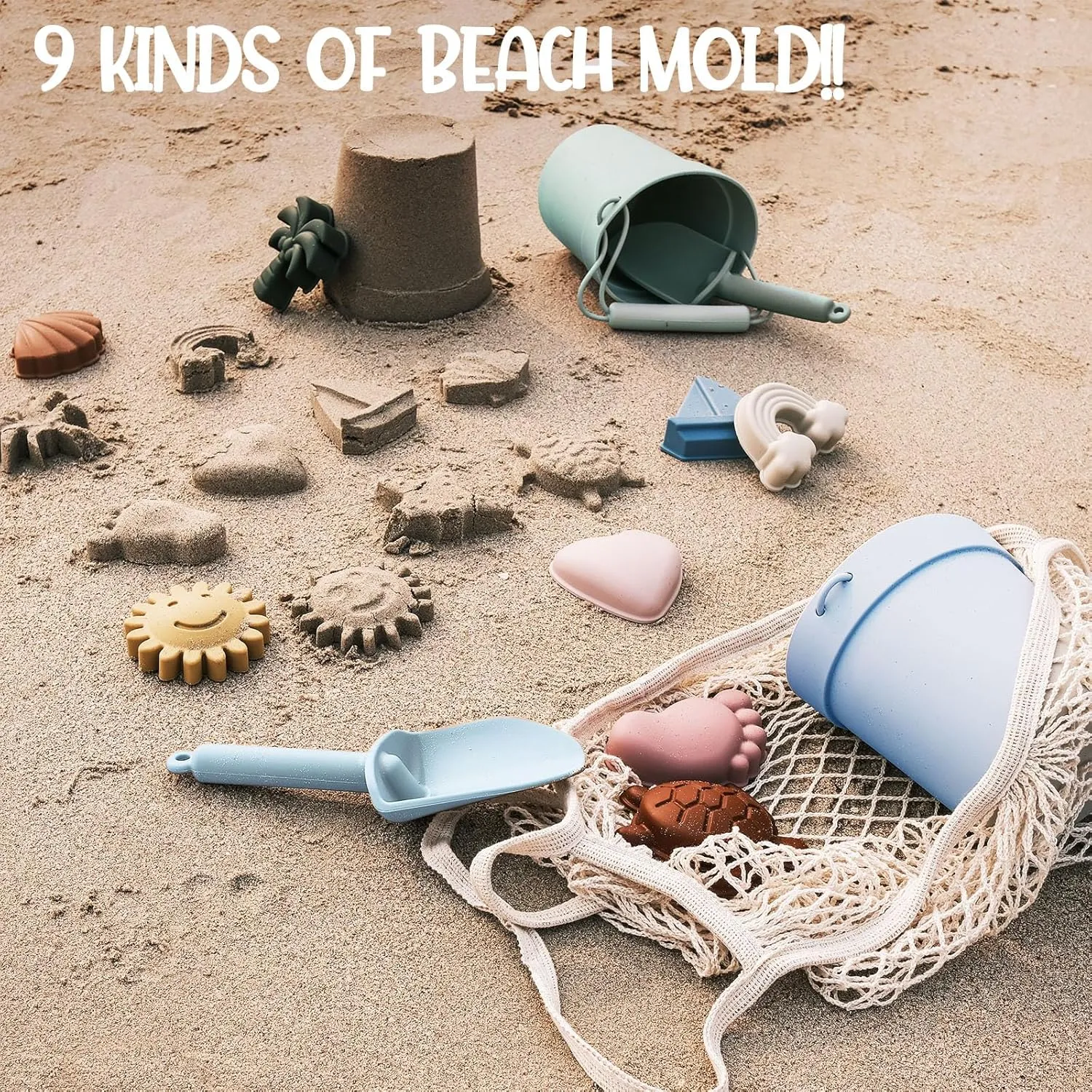 Hungdao 14 Pcs Silicone Beach Toys Travel Beach Set Sand Toys Include 2 Silicone Bucket Pail, 2 Shovel, 9 Sand Molds, 1 Beach Bag for Boys Girls Summer Pool Outdoor Bath Toys (Blue, Green)