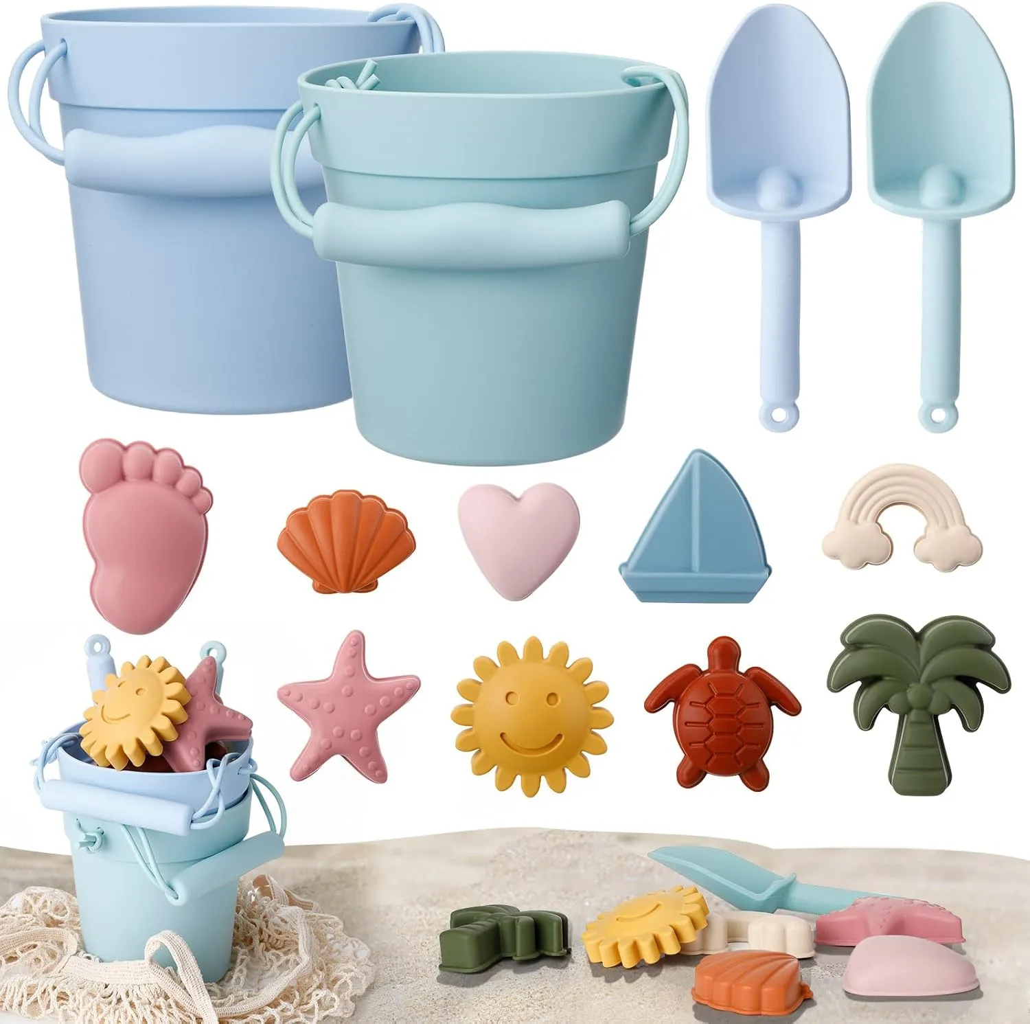 Hungdao 14 Pcs Silicone Beach Toys Travel Beach Set Sand Toys Include 2 Silicone Bucket Pail, 2 Shovel, 9 Sand Molds, 1 Beach Bag for Boys Girls Summer Pool Outdoor Bath Toys (Blue, Green)