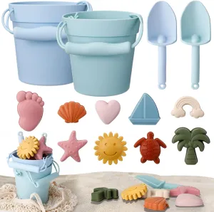 Hungdao 14 Pcs Silicone Beach Toys Travel Beach Set Sand Toys Include 2 Silicone Bucket Pail, 2 Shovel, 9 Sand Molds, 1 Beach Bag for Boys Girls Summer Pool Outdoor Bath Toys (Blue, Green)