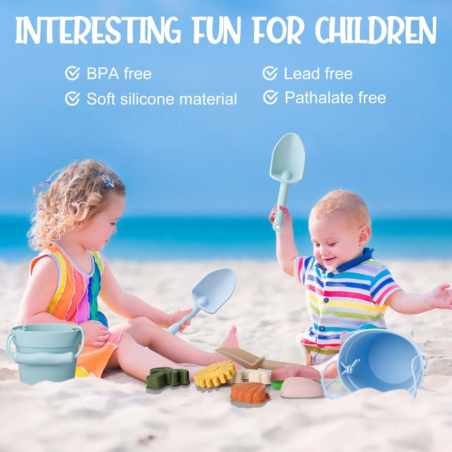 Hungdao 14 Pcs Silicone Beach Toys Travel Beach Set Sand Toys Include 2 Silicone Bucket Pail, 2 Shovel, 9 Sand Molds, 1 Beach Bag for Boys Girls Summer Pool Outdoor Bath Toys (Blue, Green)