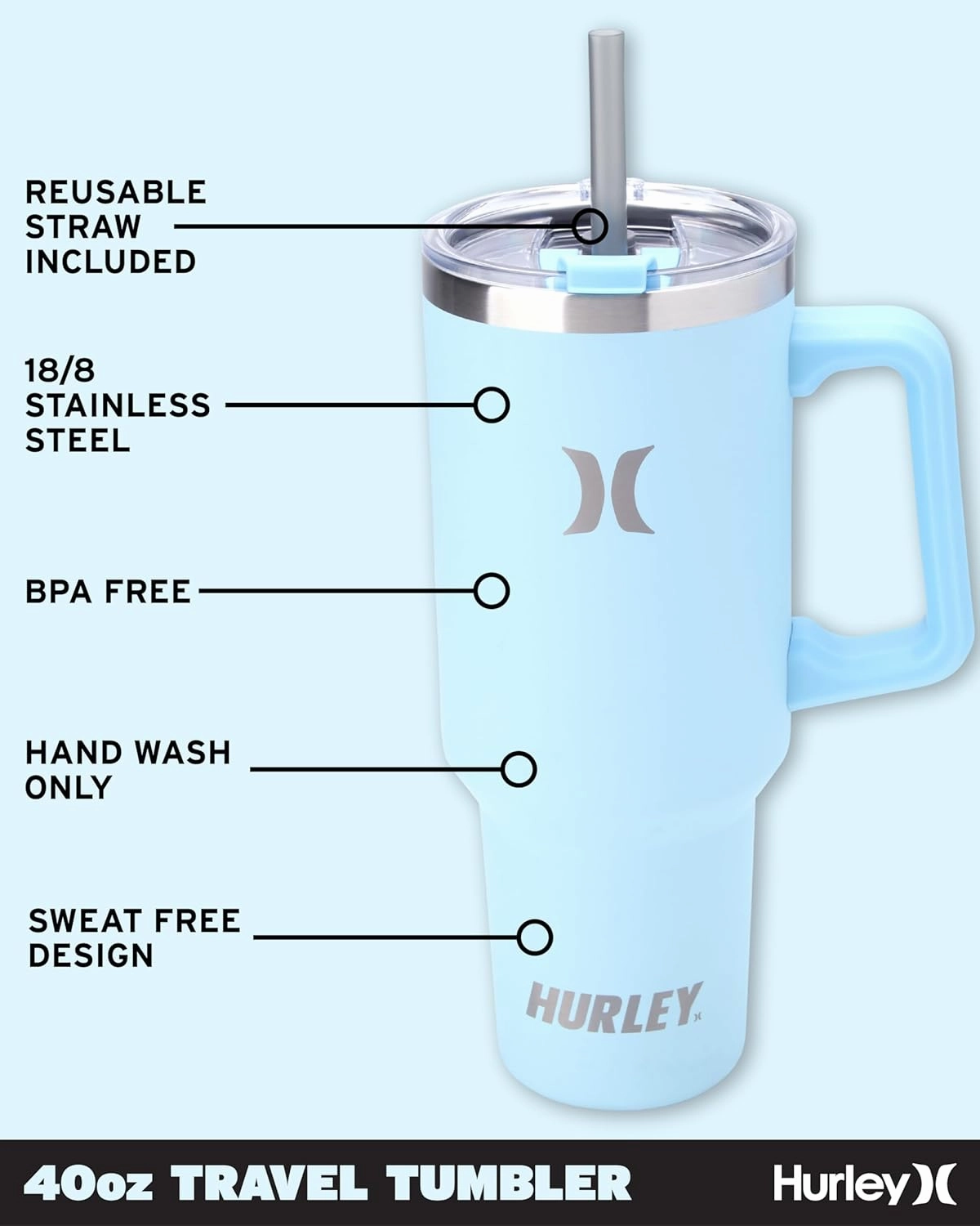 Hurley Tumbler Thermos - 40oz Double Wall Vacuum Insulated Travel Mug with Handle - BPA Free Stainless Steel Water Bottle - Leak Proof Hot and Cold Coffee Car Cup, Size 40 Ounces