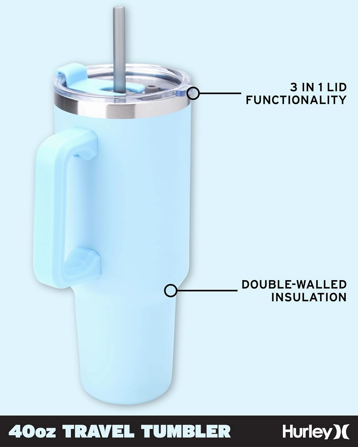 Hurley Tumbler Thermos - 40oz Double Wall Vacuum Insulated Travel Mug with Handle - BPA Free Stainless Steel Water Bottle - Leak Proof Hot and Cold Coffee Car Cup, Size 40 Ounces