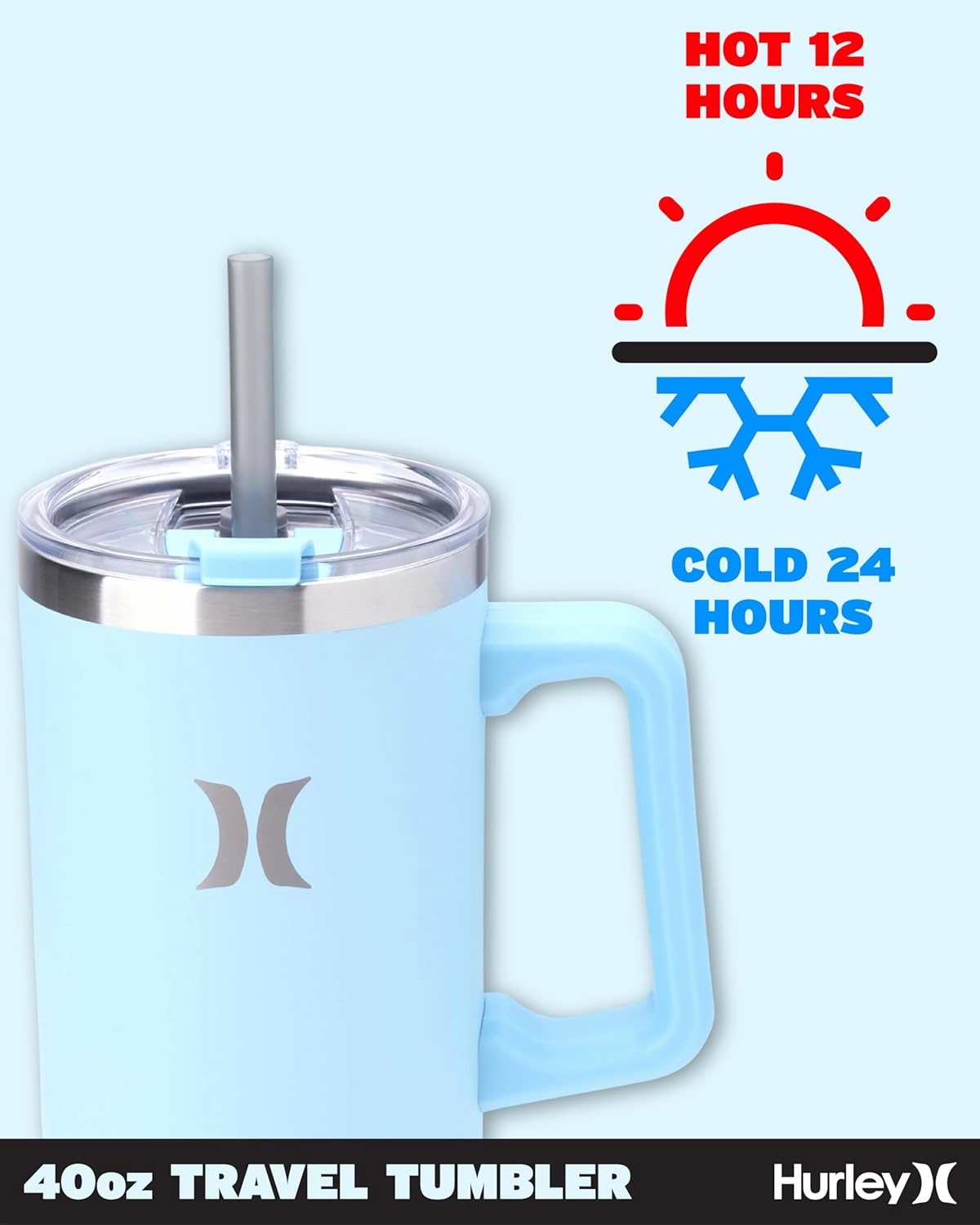 Hurley Tumbler Thermos - 40oz Double Wall Vacuum Insulated Travel Mug with Handle - BPA Free Stainless Steel Water Bottle - Leak Proof Hot and Cold Coffee Car Cup, Size 40 Ounces