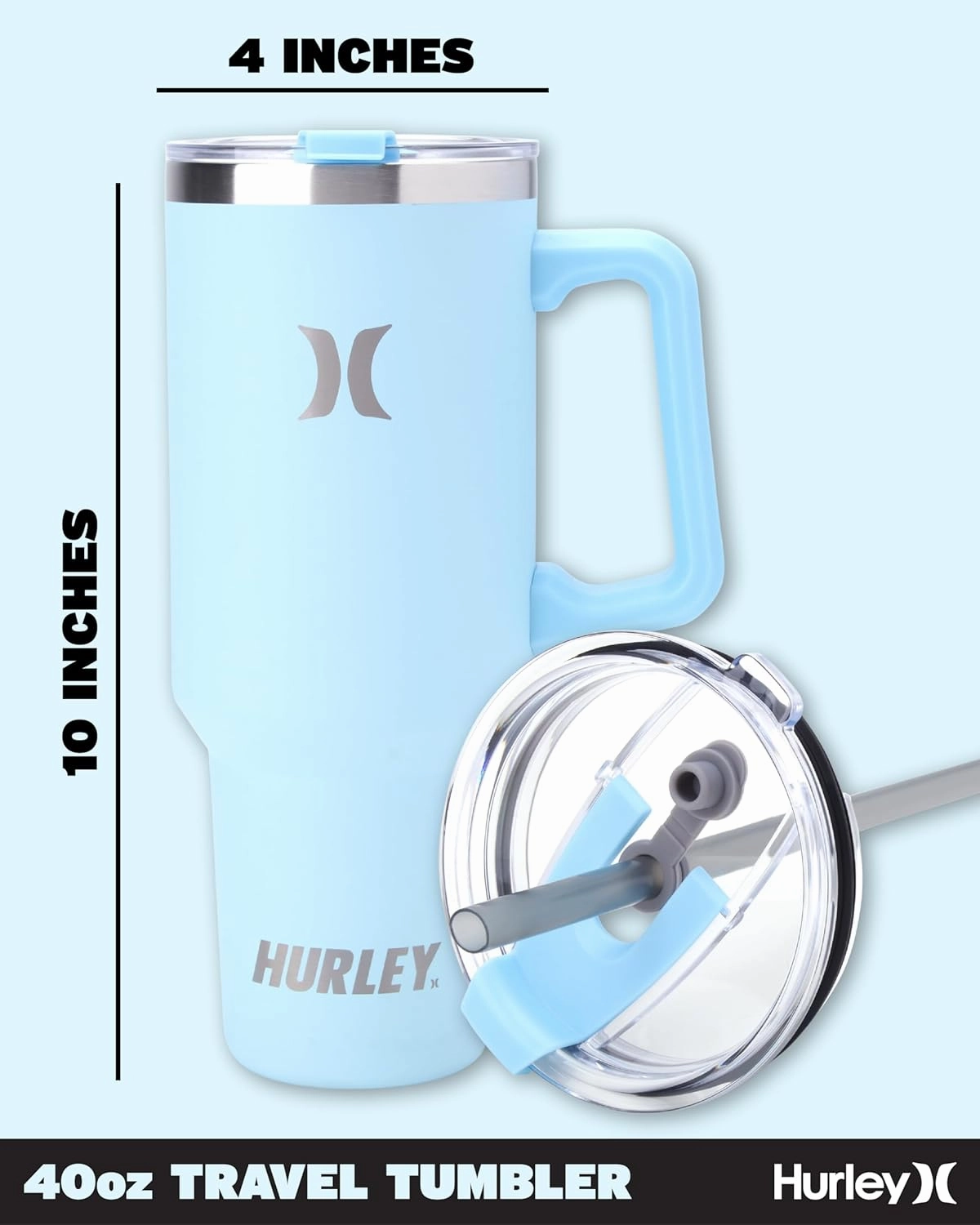 Hurley Tumbler Thermos - 40oz Double Wall Vacuum Insulated Travel Mug with Handle - BPA Free Stainless Steel Water Bottle - Leak Proof Hot and Cold Coffee Car Cup, Size 40 Ounces
