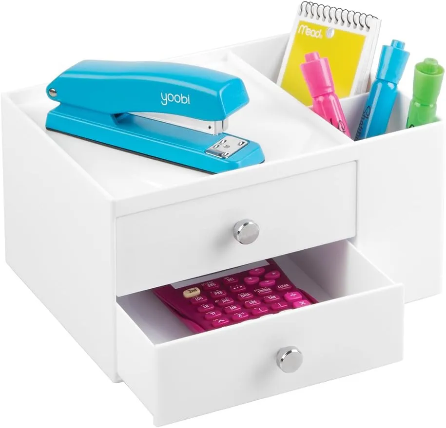 iDesign Office Supplies Desk Organizer, for Staplers, Pens, Markers, Highlighters, Tape - 2 Drawers, White