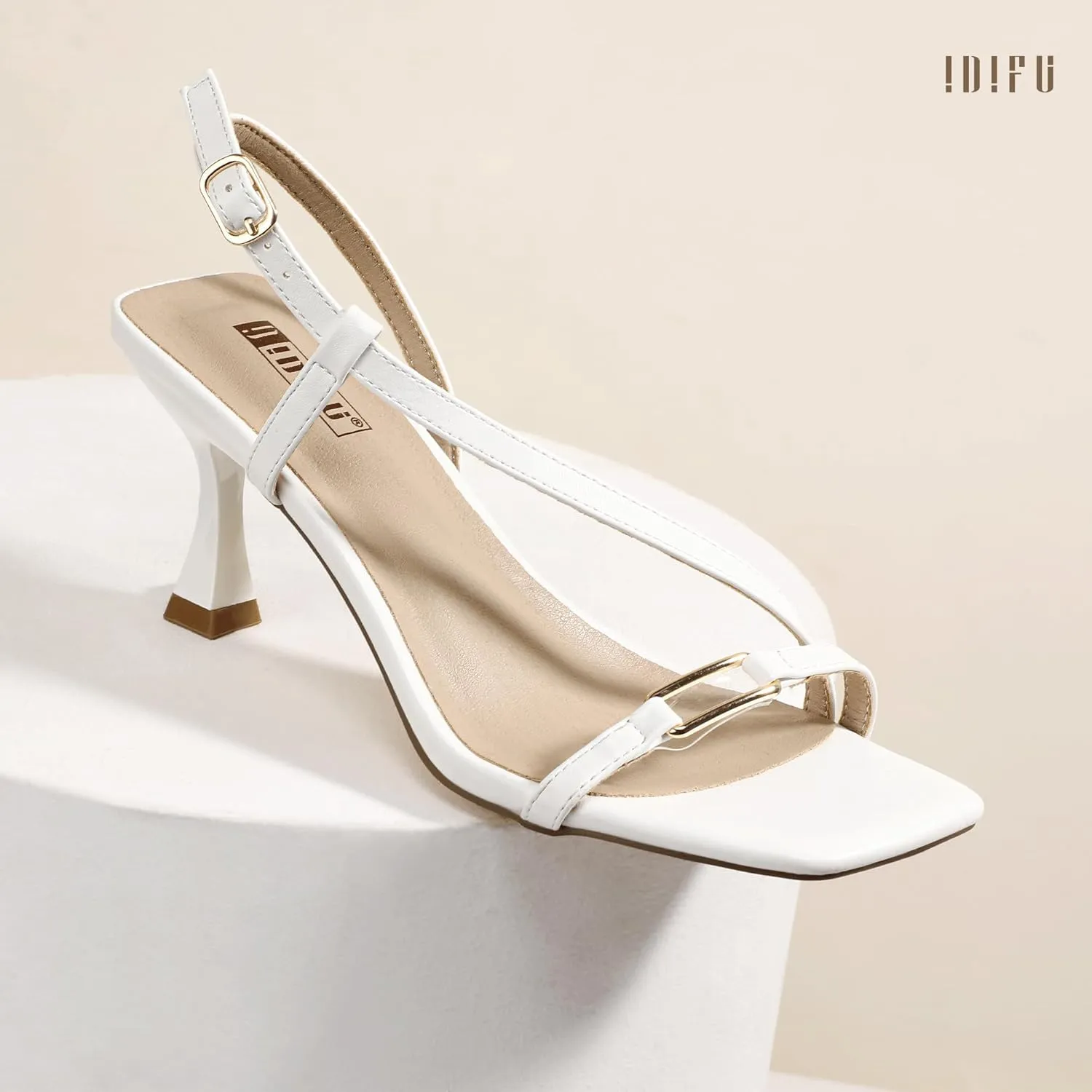 IDIFU IN3 Kitten Heels Strappy Slingback Open Square Toe Short Low Small Heeled Sandals Wedding Bridal Prom Bride Bridesmaid Dress Shoes For Women Comfortable Work Cute Trendy Fashion Heels
