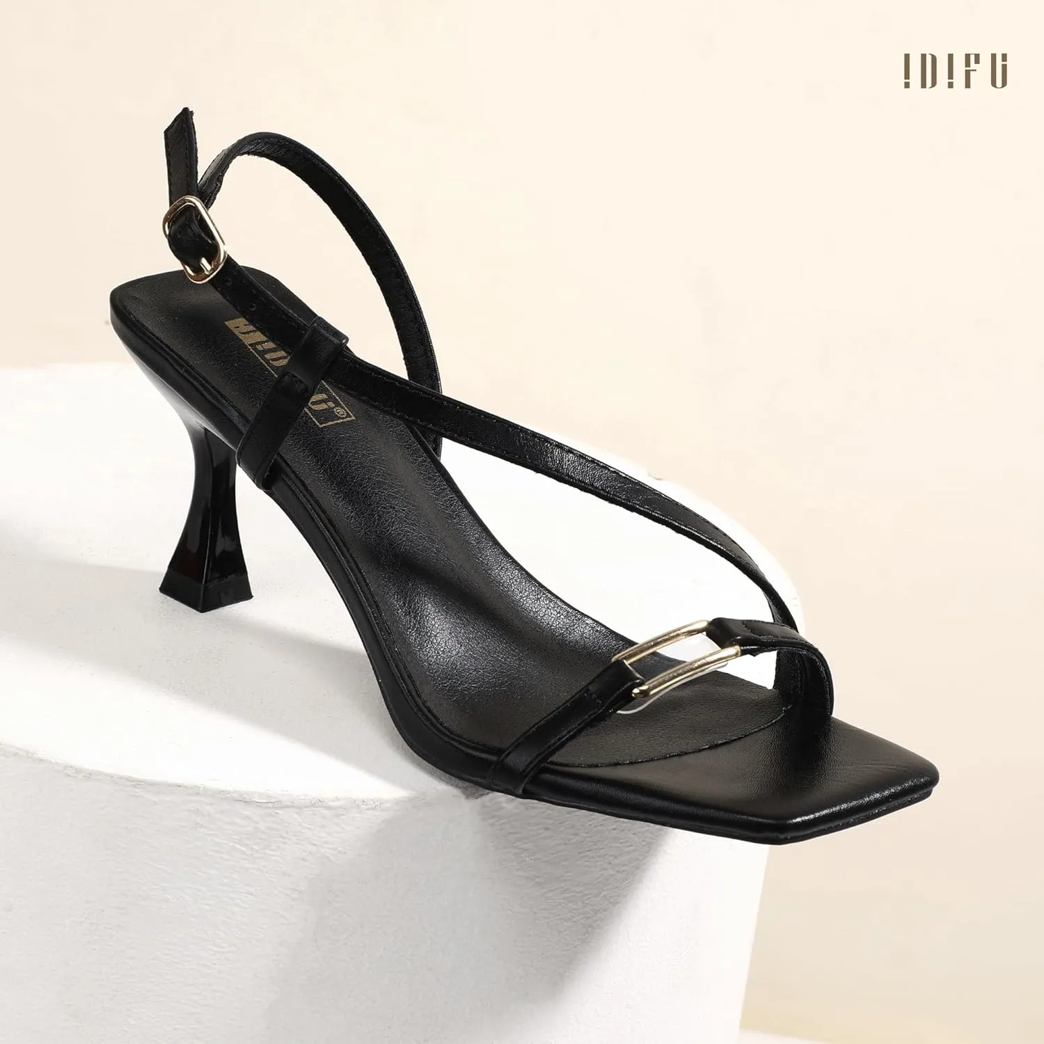 IDIFU IN3 Kitten Heels Strappy Slingback Open Square Toe Short Low Small Heeled Sandals Wedding Bridal Prom Bride Bridesmaid Dress Shoes For Women Comfortable Work Cute Trendy Fashion Heels