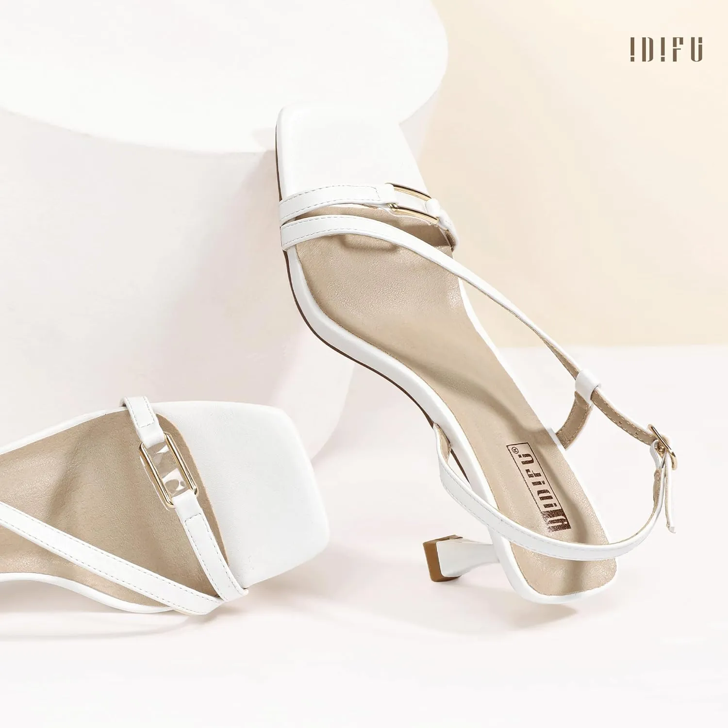 IDIFU IN3 Kitten Heels Strappy Slingback Open Square Toe Short Low Small Heeled Sandals Wedding Bridal Prom Bride Bridesmaid Dress Shoes For Women Comfortable Work Cute Trendy Fashion Heels