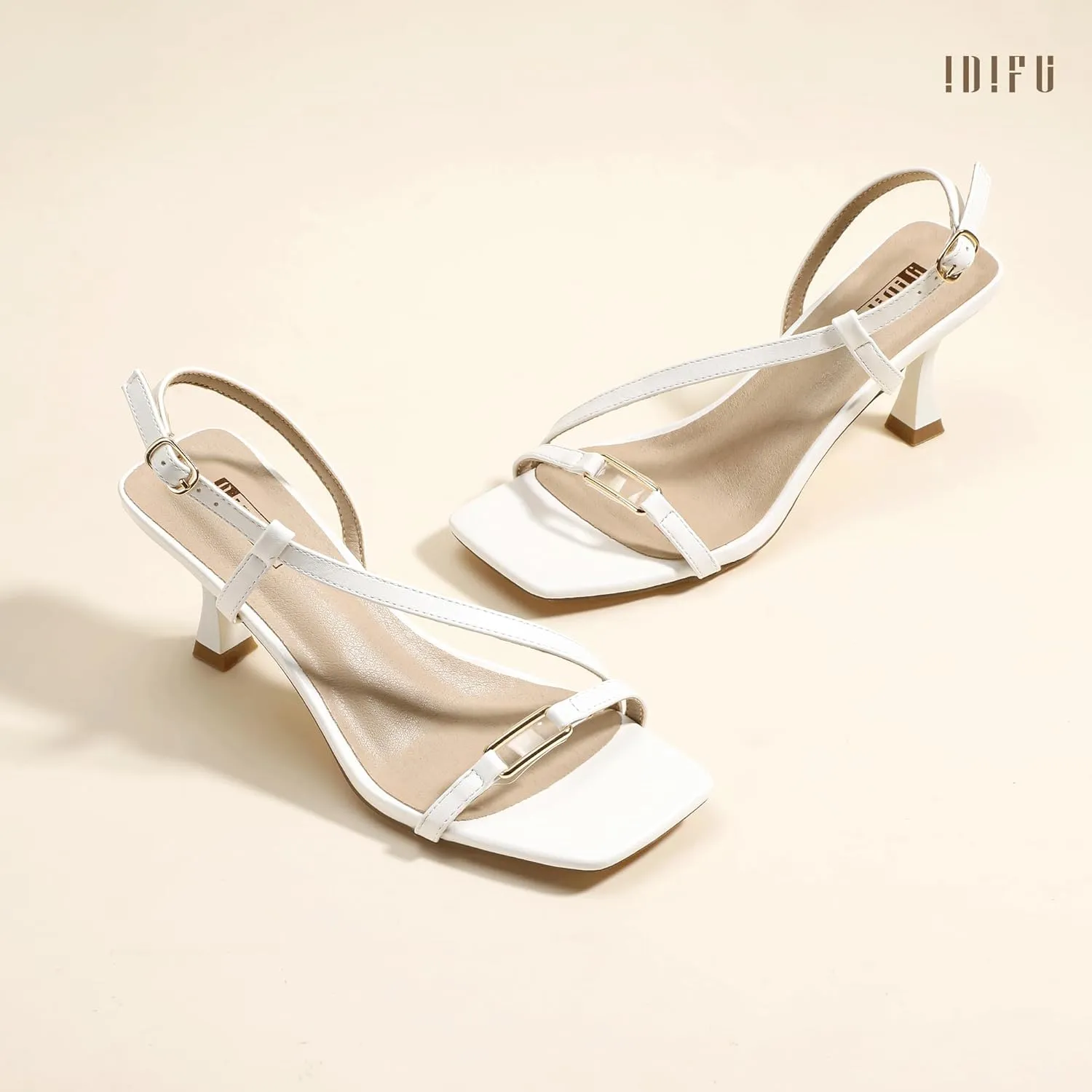 IDIFU IN3 Kitten Heels Strappy Slingback Open Square Toe Short Low Small Heeled Sandals Wedding Bridal Prom Bride Bridesmaid Dress Shoes For Women Comfortable Work Cute Trendy Fashion Heels