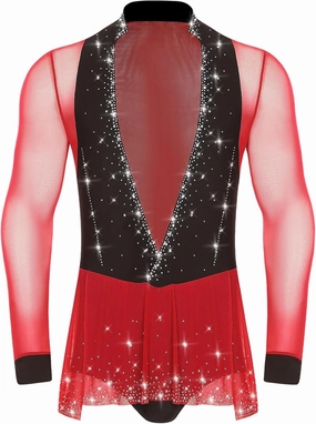 iiniim Mens Sparkly Rhinestones Color Block Latin Samba Tango Ballroom Dance Bodysuit Clubwear