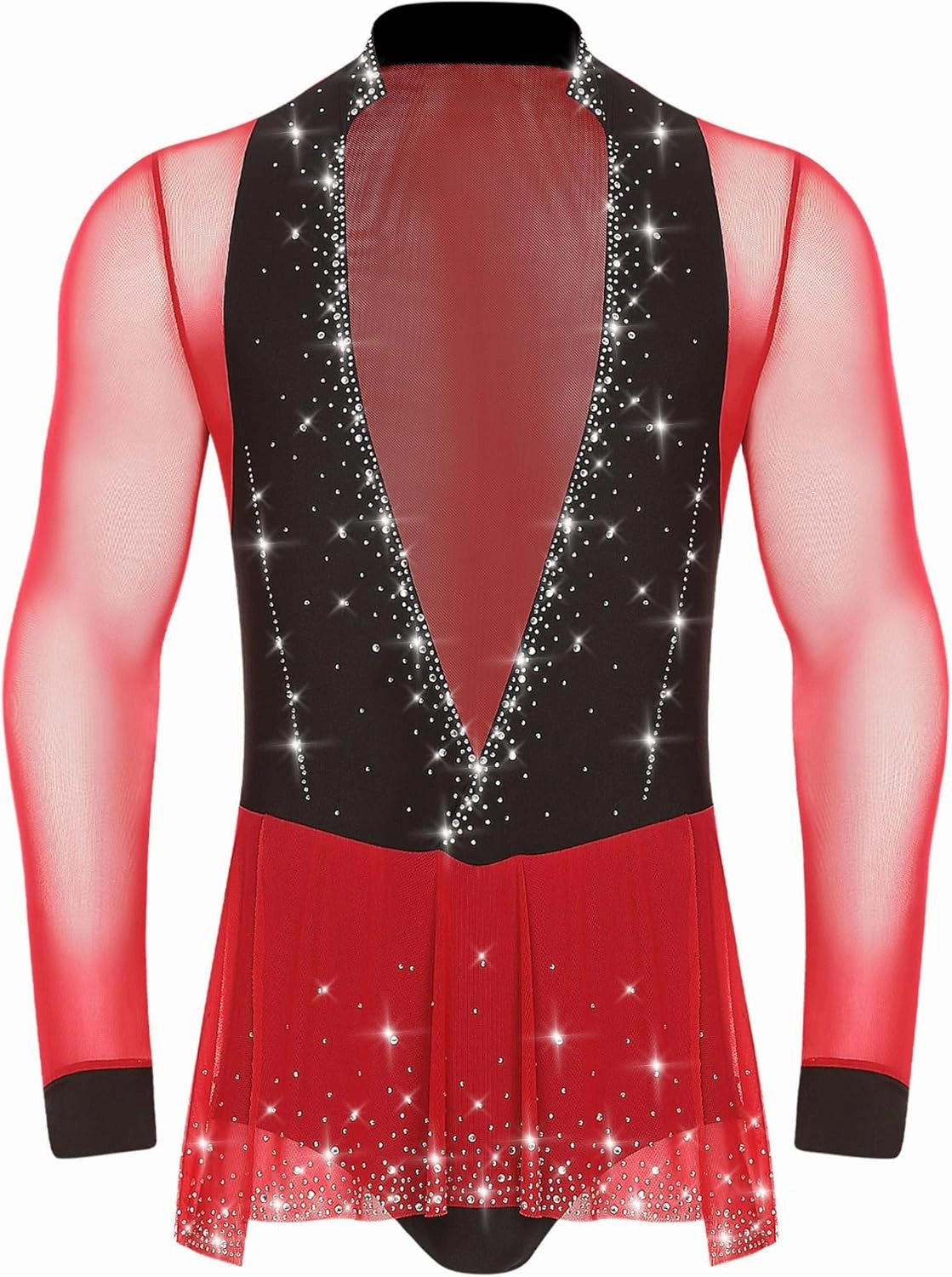 iiniim Mens Sparkly Rhinestones Color Block Latin Samba Tango Ballroom Dance Bodysuit Clubwear