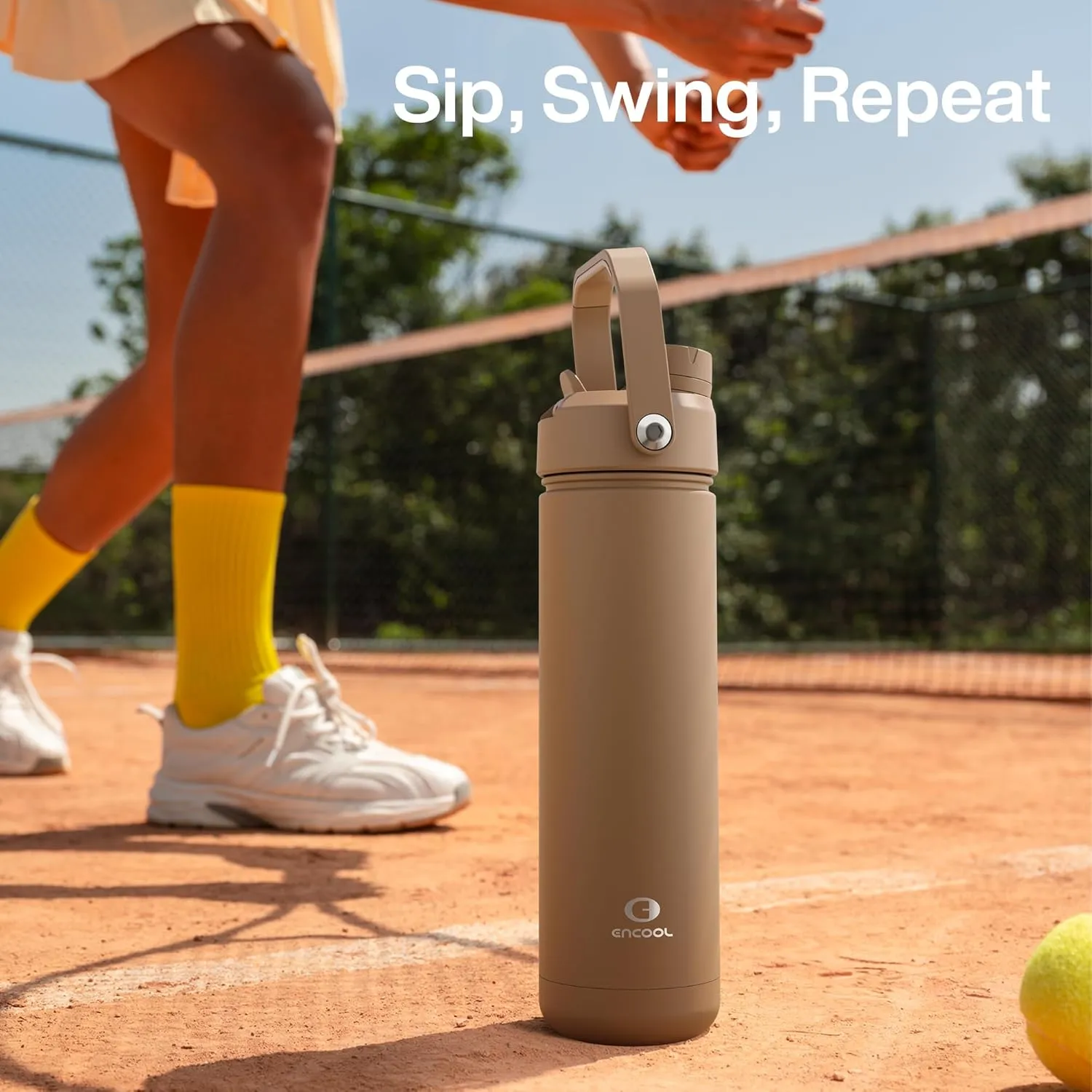Insulated Water Bottle with Straw - Encool Stainless Steel Water Bottle, Leak-Proof, BPA-Free, Double Wall Vacuum Keeps Cold for 24 Hours for Sports, Travel, School (26 oz, Raw Umber)