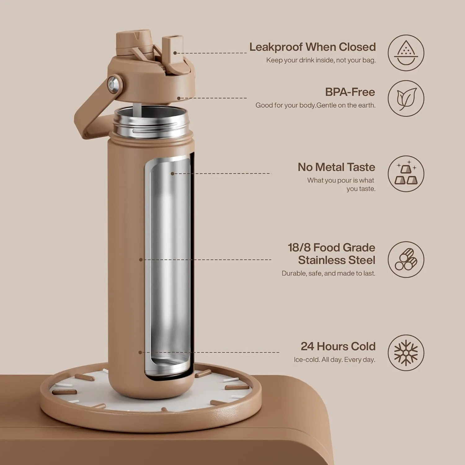 Insulated Water Bottle with Straw - Encool Stainless Steel Water Bottle, Leak-Proof, BPA-Free, Double Wall Vacuum Keeps Cold for 24 Hours for Sports, Travel, School (26 oz, Raw Umber)