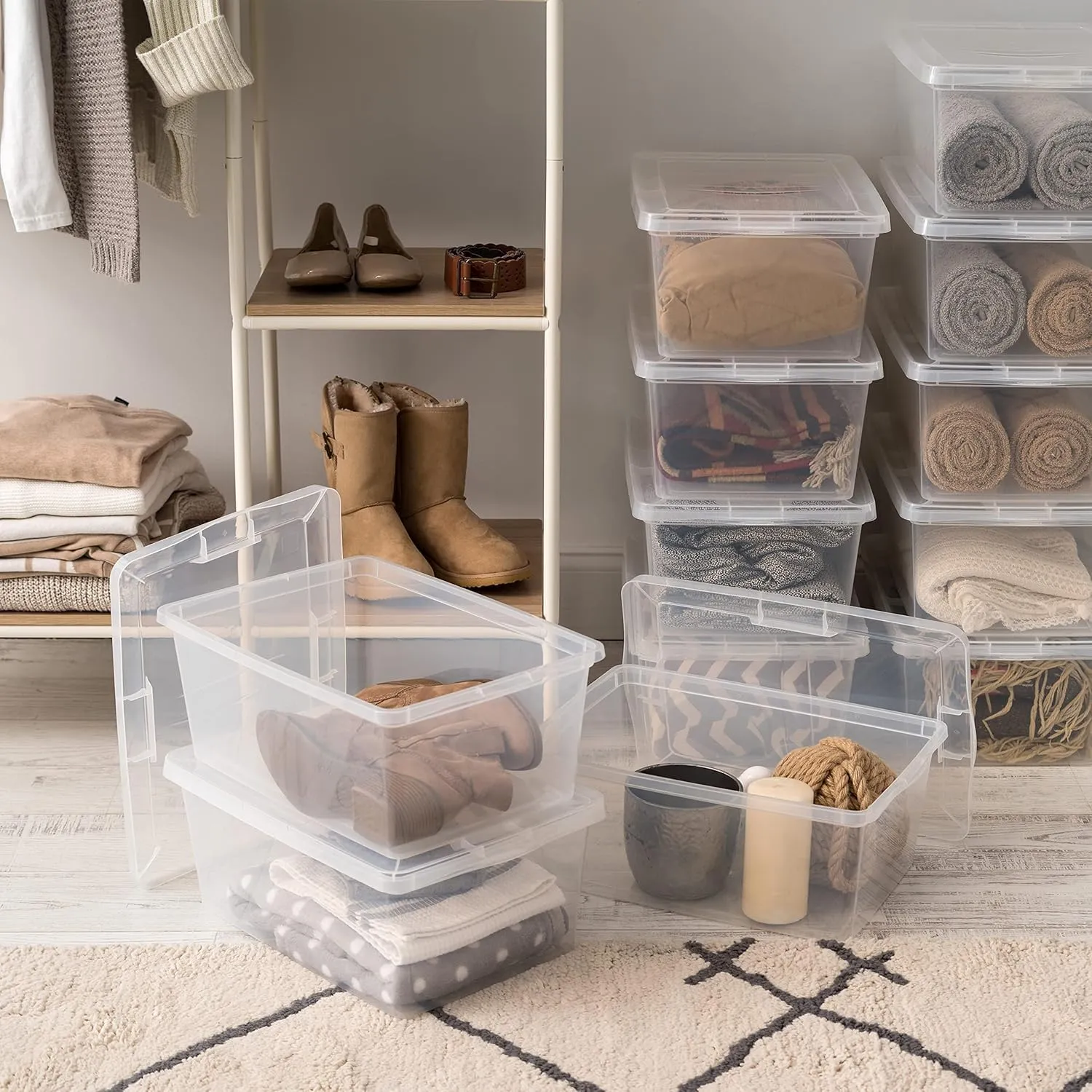 IRIS USA 12-Pack Storage Bins with Lids, 17 Quart, Shoe Boxes Clear Stackable Containers Organize Shoes Closet Shelves, Classroom Organization Teacher Tools, Game Storage - BPA-Free Plastic
