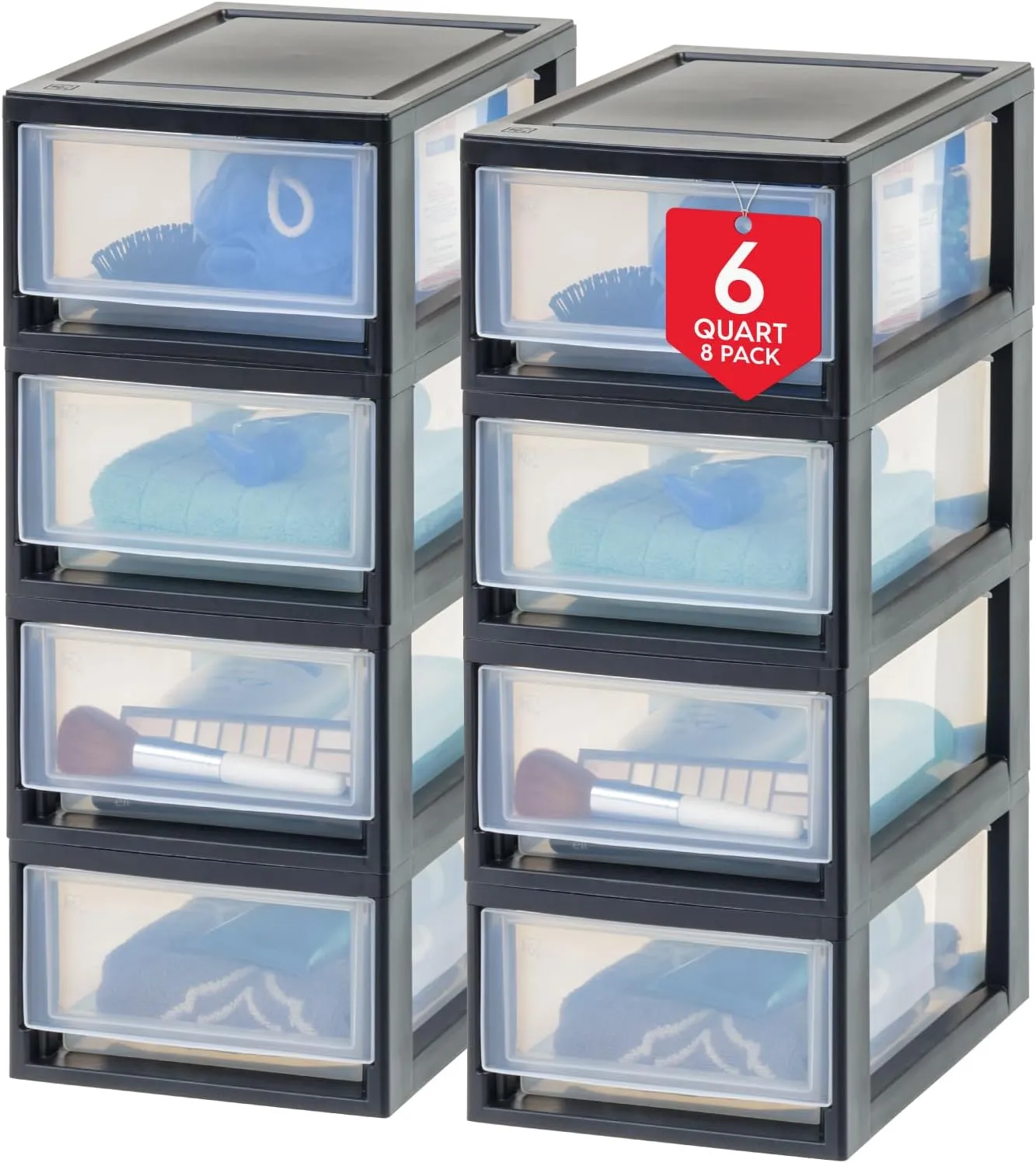 IRIS USA 6 Qt. Plastic Drawer Storage Organizer Stacking Drawers, 8-Pack, Stackable Unit with Sliding Drawer for Clothes Bedroom Kitchen Under Sink Pantry Craft Room Bathroom Dorm Office, Black