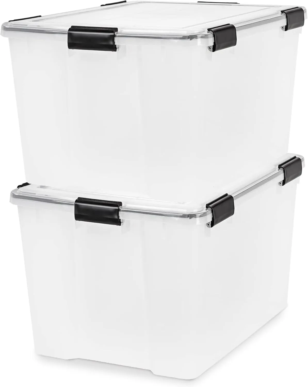IRIS USA WeatherPro 74 Qt Storage Bins with Lids, 2 Pack, BPA-Free Plastic Gasket Box with Tight Latch and Seal, Stackable Nestable Tote Tub - Clear/Black