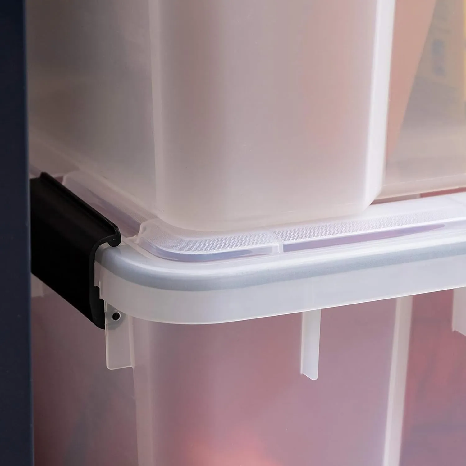 IRIS USA WeatherPro 74 Qt Storage Bins with Lids, 2 Pack, BPA-Free Plastic Gasket Box with Tight Latch and Seal, Stackable Nestable Tote Tub - Clear/Black