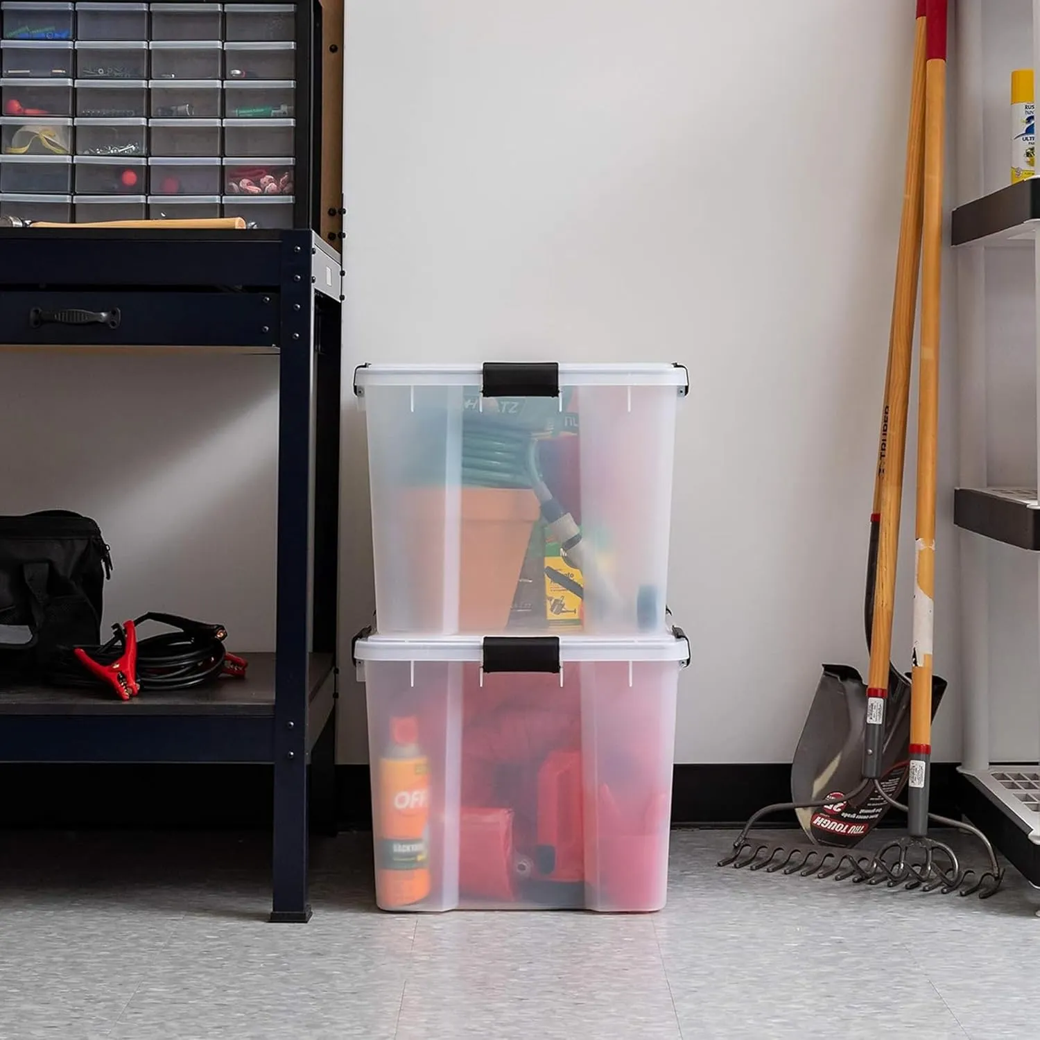 IRIS USA WeatherPro 74 Qt Storage Bins with Lids, 2 Pack, BPA-Free Plastic Gasket Box with Tight Latch and Seal, Stackable Nestable Tote Tub - Clear/Black