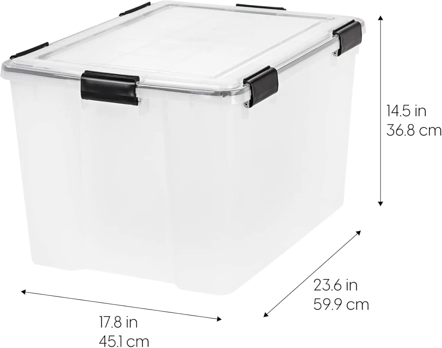 IRIS USA WeatherPro 74 Qt Storage Bins with Lids, 2 Pack, BPA-Free Plastic Gasket Box with Tight Latch and Seal, Stackable Nestable Tote Tub - Clear/Black