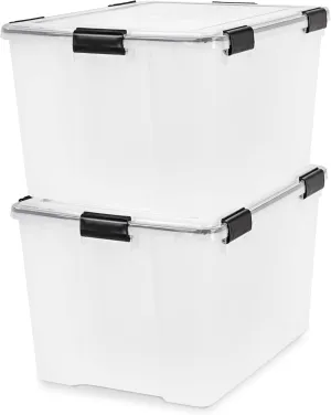 IRIS USA WeatherPro 74 Qt Storage Bins with Lids, 2 Pack, BPA-Free Plastic Gasket Box with Tight Latch and Seal, Stackable Nestable Tote Tub - Clear/Black