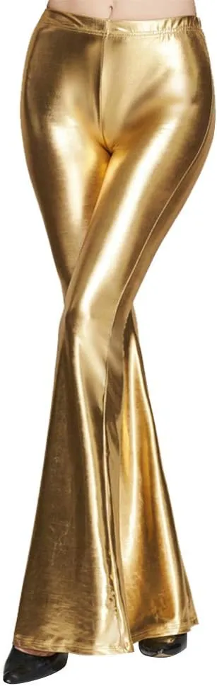 IWEMEK Women Shiny Metallic Bell Bottom Bootcut Palazzo Leggings 70s Disco Wide Leg Pants High Waist Dance Yoga Trousers
